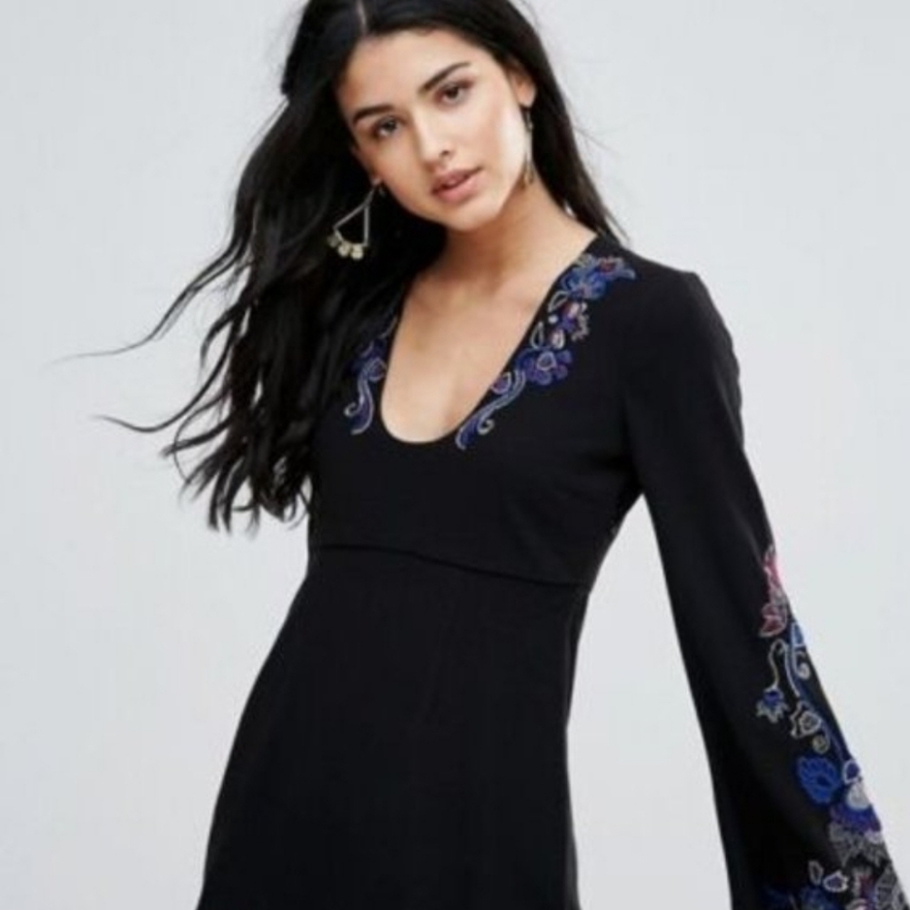 NWTFree People Holiday Folk Embroidered bell sleeve dress